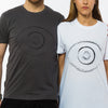 A male and female wearing organic cotton t-shirts in grey and white with a large eye image in artistic style