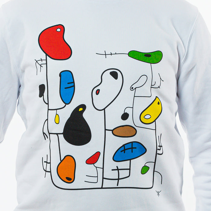 Zoom in to colourful abstract water based print on a white organic sweatshirt