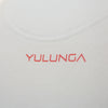 Close up to a toned red minimalistic Yulunga logo print on the back of a white sweatshirt