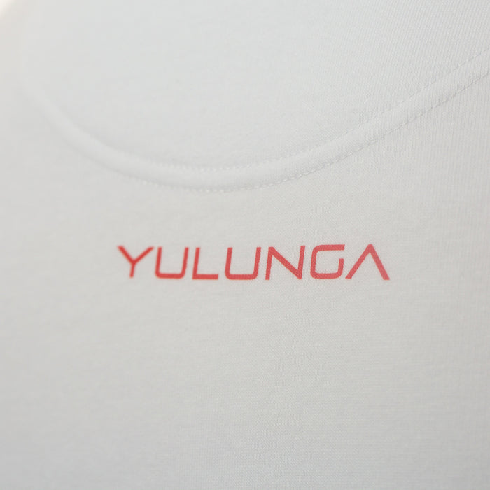 Close up to a toned red minimalistic Yulunga logo print on the back of a white sweatshirt