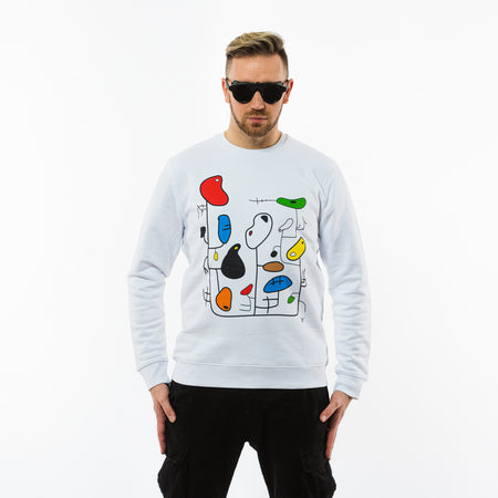 Male model in a white organic sweatshirt with colourful abstract print.