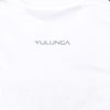 Rear of organic white t-shirt with small 'yulunga' print in black