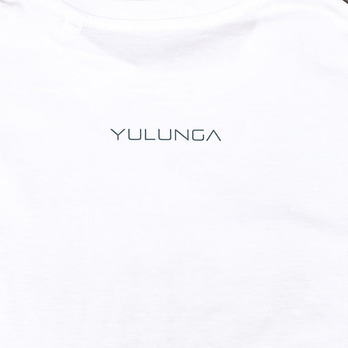 Rear of organic white t-shirt with small 'yulunga' print in black