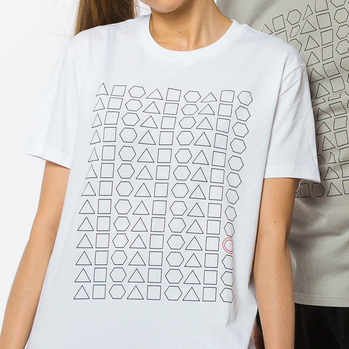 White t-shirt with a print of many thin black geometric shapes with one red circle between them made of eco-friendly cotton