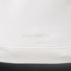 A close up to the back of a white sweatshirt with Yulunga brand logo print in grey