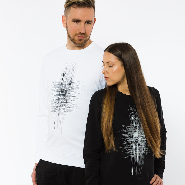 A female and a male wearing black and white sweatshirts with an abstract grungy print in the front. The sweatshirts are by Yulunga conscious brand.