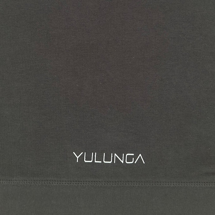 A back of a black organic cotton sweatshirt with a white Yulunga brand logo print.