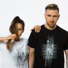 Female and white in white and black tshirts with contrasting grunge abstract print on the front