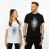 Female and male in white and black tshirts with large contrasting  grunge prints