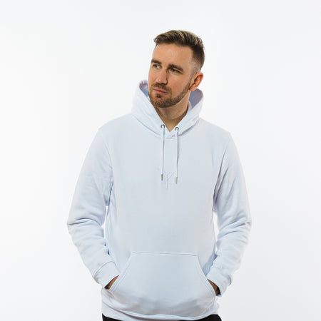 A male wearing a plain white unisex hoodie with a sustainable Yulunga brand logo embroidery on the chest