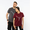 A female and a male wearing unisex t-shirts in grey and burgundy by Yulunga brand