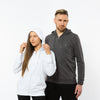 A female and a male wearing white and grey lightweight zipped hoodies made of organic cotton with Yulunga brand small logo printed in grey on the chest left side