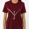 A burgundy colour organic cotton t-shirt with a white Yulunga brand logo graphic