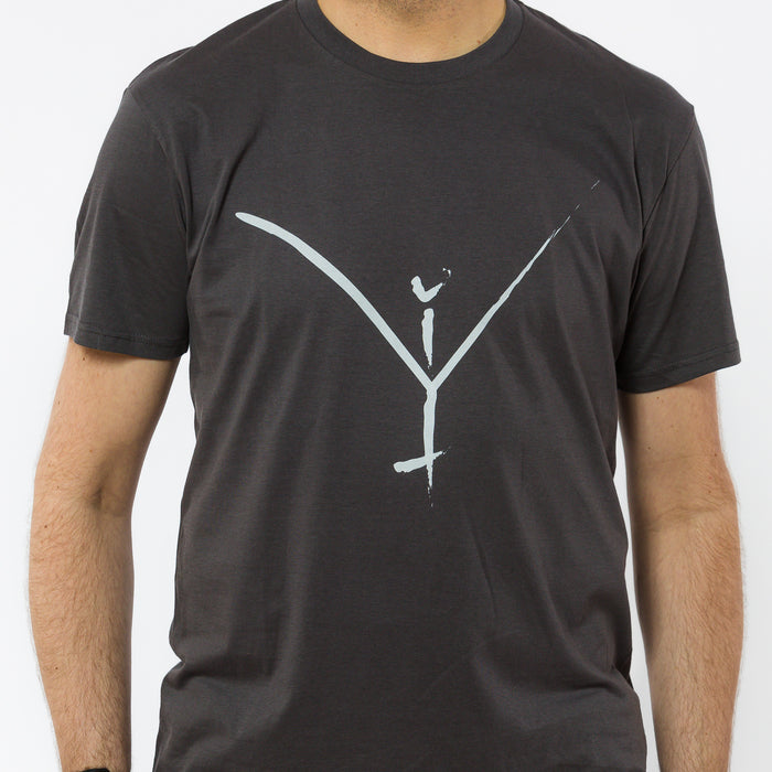 A grey unisex t-shirt made of organic cotton with a white Yulunga brand logo