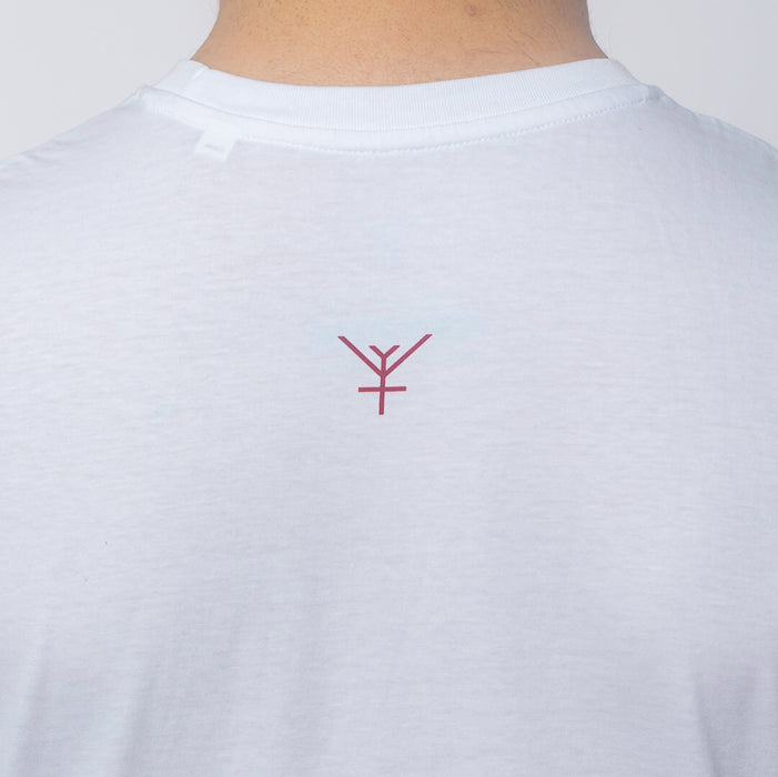 A back of an organic cotton white t-shirt with a small Yulunga brand logo printed in red.