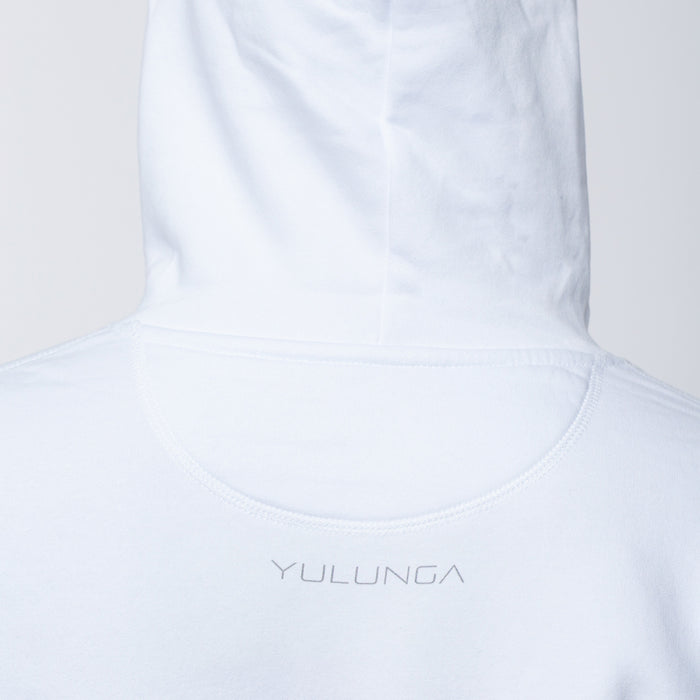 A back of a white hooded sweatshirt with a Yulunga sustainable brand logo in grey print.