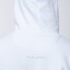 A back of a white organic cotton hoodie with a Yulunga brand logo printed in grey colour.