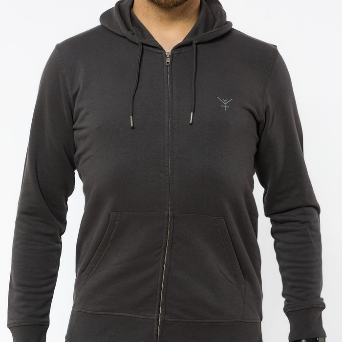 A dark grey lightweight unisex hoodie with a zip and small light grey colour Yulunga brand logo on the left breast.