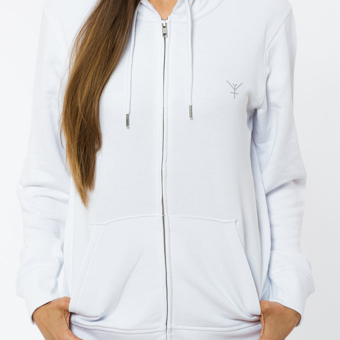 A white unisex zipped hoodie made of organic cotton with a zip and a small Yulunga brand logo printed in grey